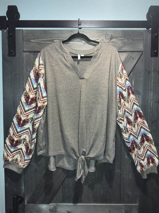 Cato Tops - Cato Brown Tie-Front Sweatshirt with Multicolor Chevron Balloon Sleeves